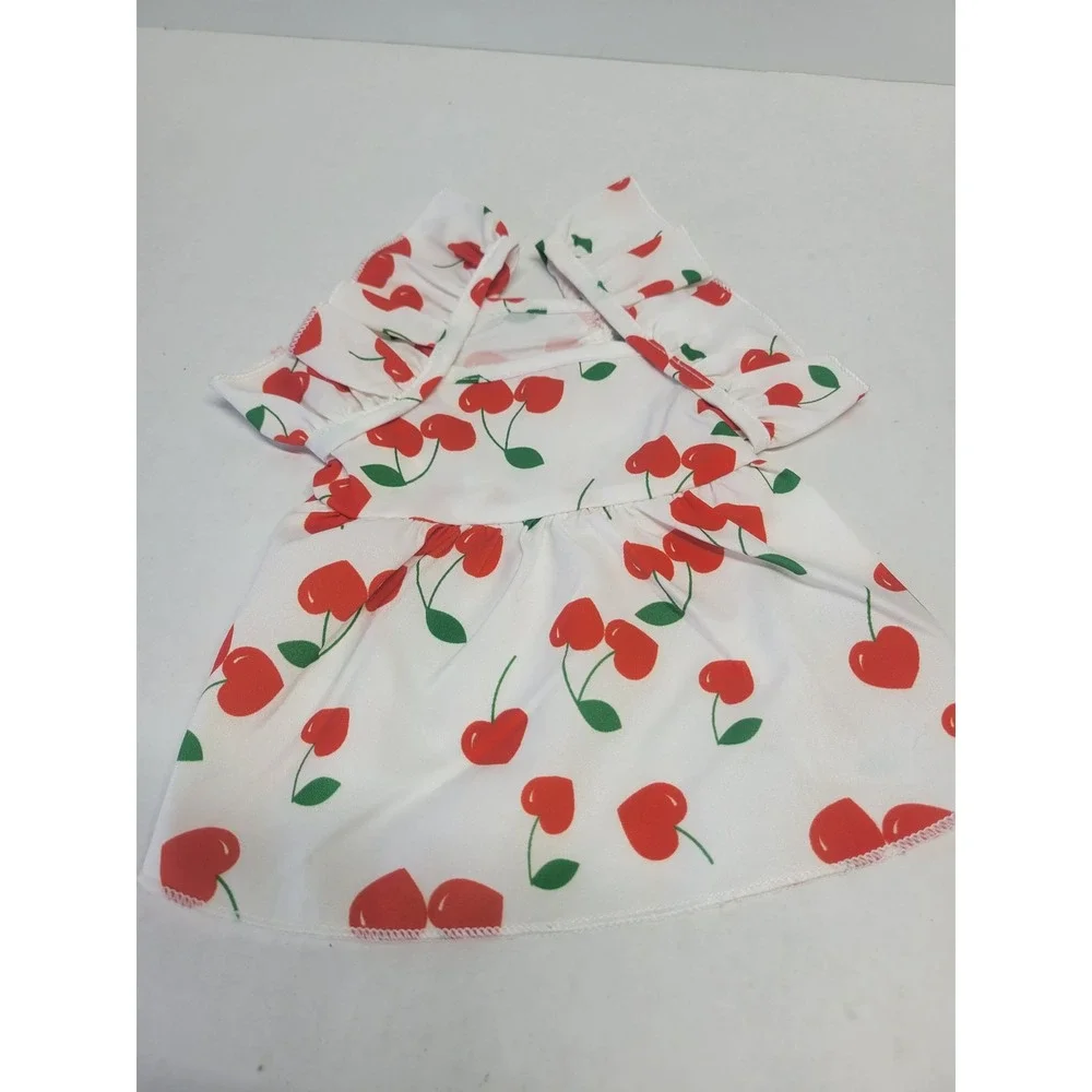 Small White Red‎ Cherry Print Pet Dress Ruffle Shoulder Straps Elastic Waist S